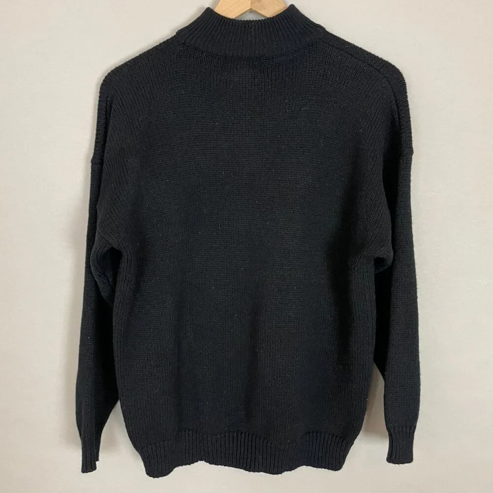 Vintage Sweater Black Buttoned Neckline Mock Neck Men Acrylic Retro Knit Classic